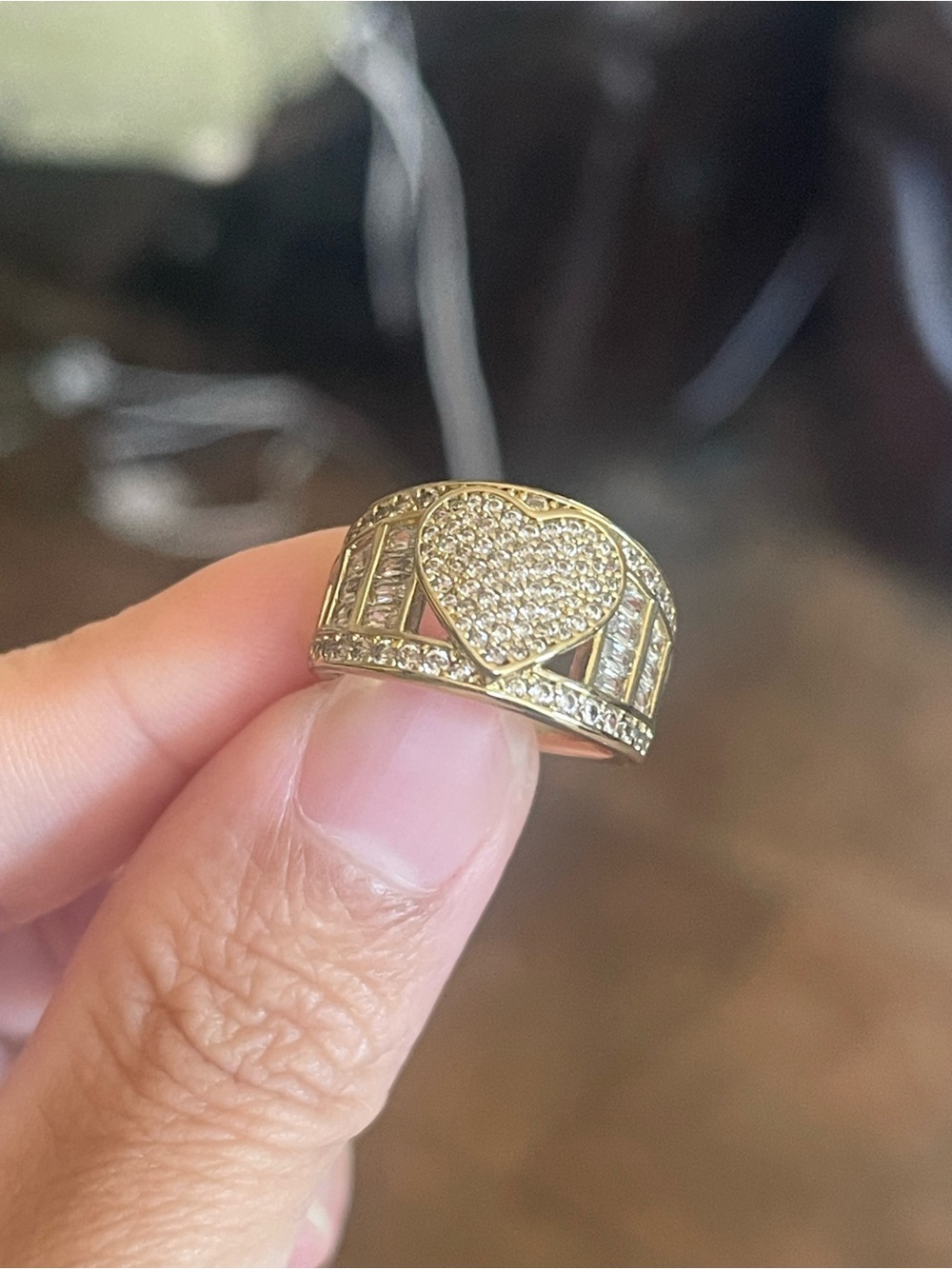 Gold Tone Heart Pave Statement Ring